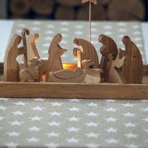 Natural oak wood Nativity set. Creche. Weihnachtskrippe. Nativity scene. Set of 12pcs natural oak wood Christmas figurines. Manger for kids. image 5