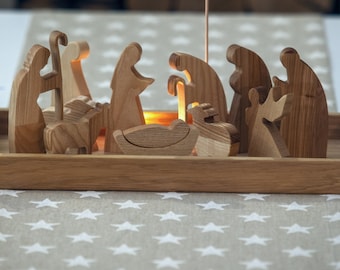 Natural oak wood Nativity set. Creche. Weihnachtskrippe. Nativity scene. Set of 12pcs natural oak wood Christmas figurines. Manger for kids.