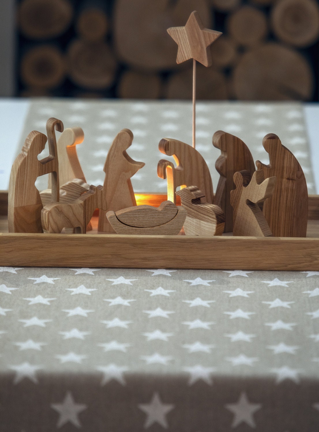 Crèche En Bois Coloré Jouet Noël 12 Cm Personnages, Set Vintage