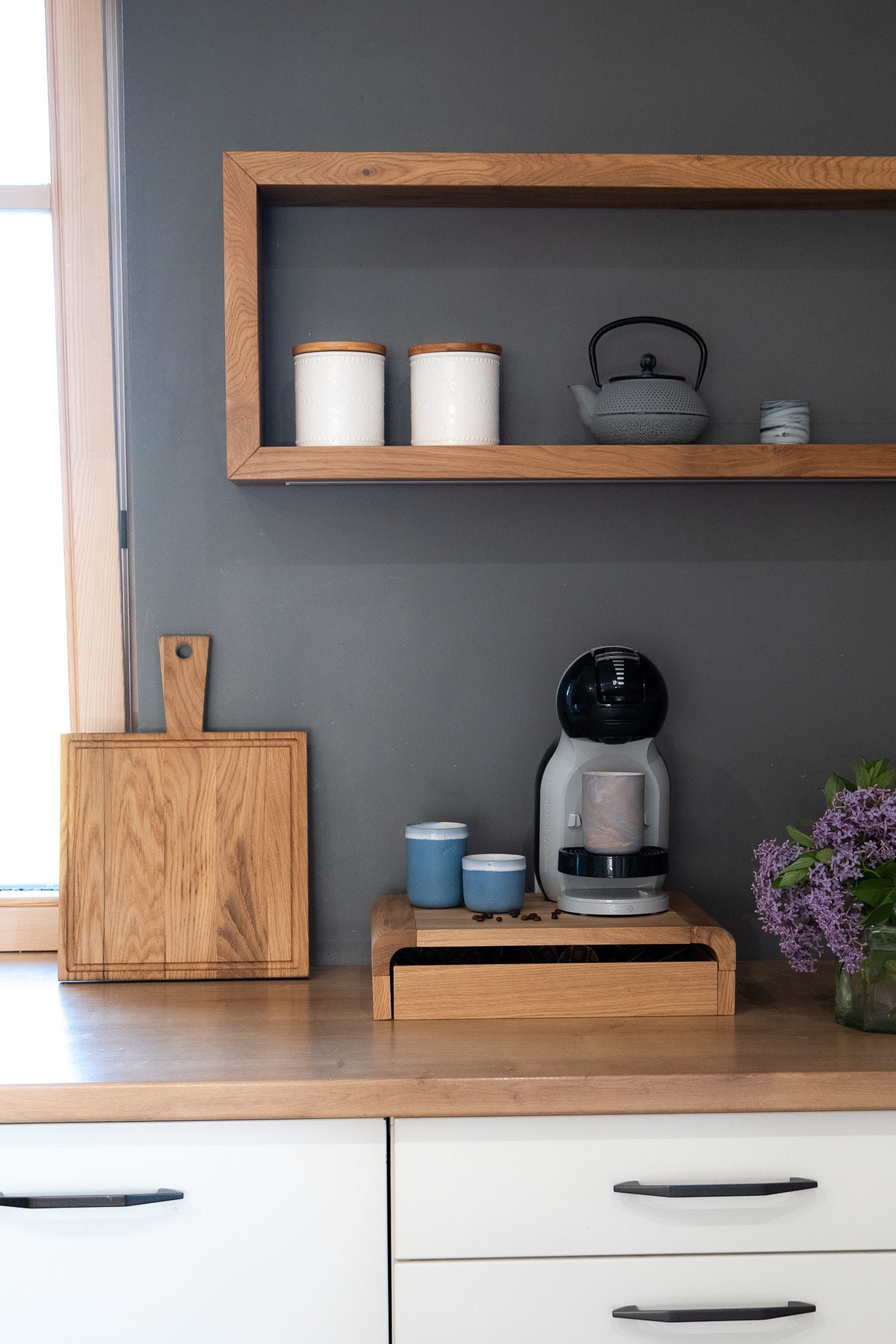 Modern coffee capsule tea sachet holder solid wood  Coffee machine stand  Coffee bar Nespresso stand Coffee pod drawer Kitchen countertop