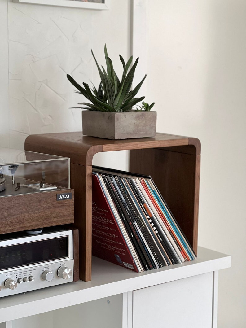 May include: A wooden record shelf with a built-in stand for a turntable. The shelf is filled with vinyl records and a small potted succulent plant sits on top. The shelf is labeled "AKAI".