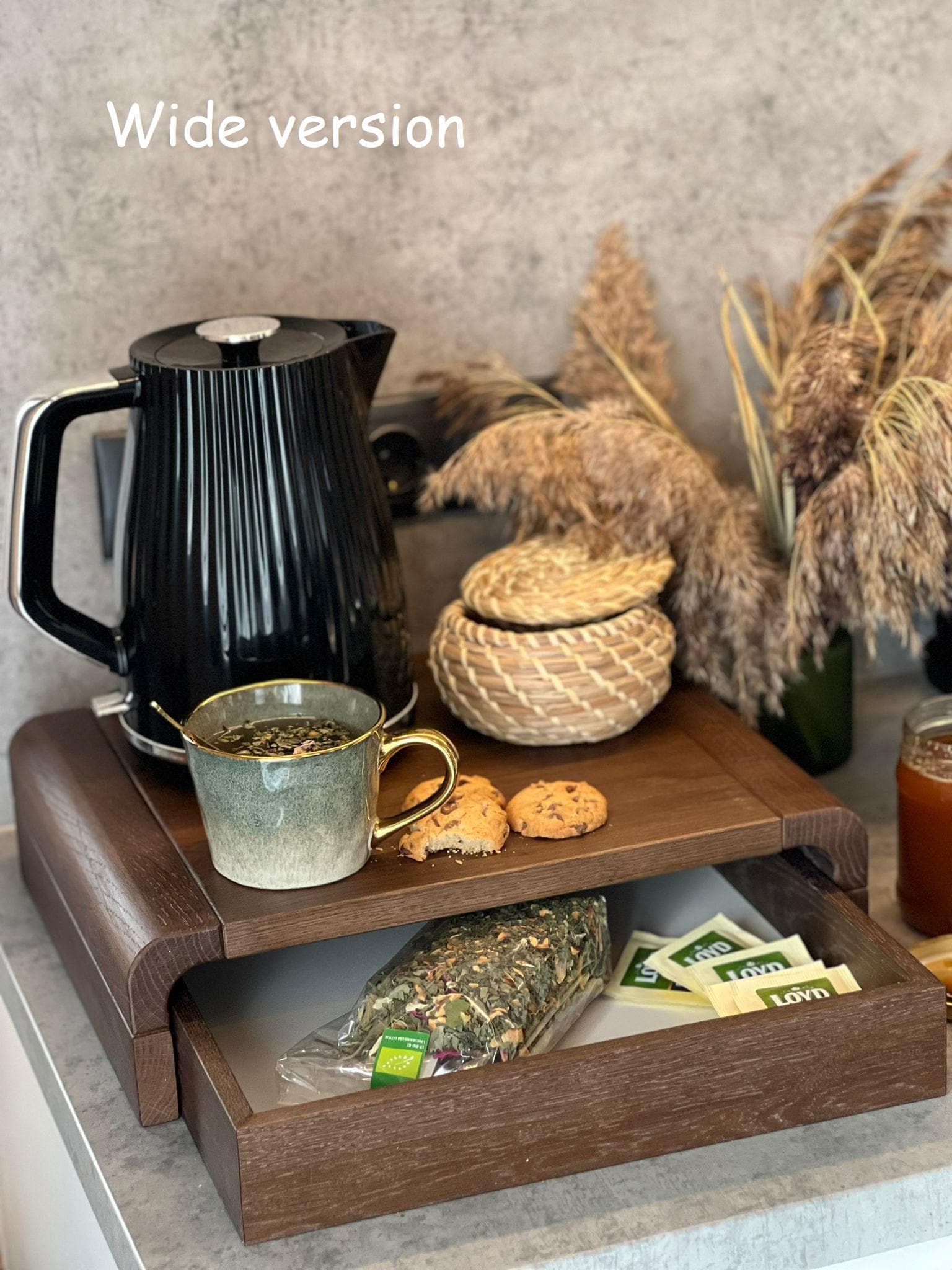 Organizer Porta Capsule Caffè In Legno Massello Con Cassetti Scorrevoli – 29,5x24,8x7 Cm, Per Caffè, Tè E Piccoli Utensili Da Cucina, Design Nero Opaco