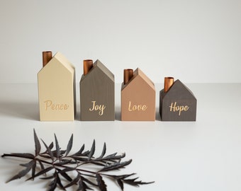 ENGLISH. Wooden Advent wreath, Advent candles, Candle holder set of 4 pcs,  Wooden houses,  Christian Gifts, Piece, Joy, Love, Hope