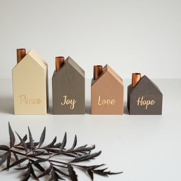木製アドベントリース：スカンジナビアキャンドルホルダーセット - 平和、喜び、愛、希望