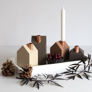Modern Advent wreath Wooden Advent candle holders house set of 4 + white wooden advent candle tray. Different heights and colors.