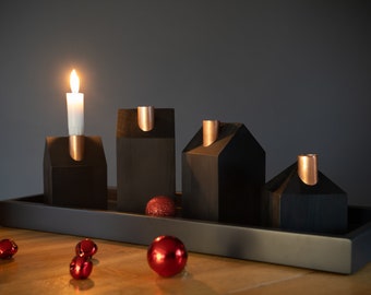 Wooden Advent wreath BLACK Candle holder set of 4 pcs  Wooden houses Different heights 90, 110, 130,150mm different colors Christmas gift