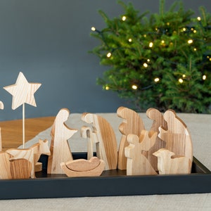 Natural oak wood Nativity set. Creche. Weihnachtskrippe. Nativity scene. Set of 12pcs natural oak wood Christmas figurines. Manger for kids. image 9