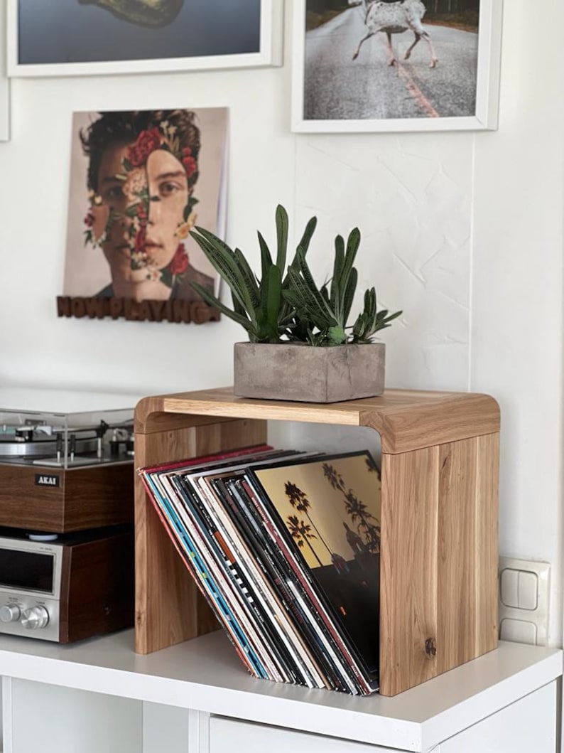 May include: A wooden record stand with a curved design holds a stack of vinyl records. A potted succulent plant sits on top of the stand. The stand is on a white shelf with a record player and a light switch.