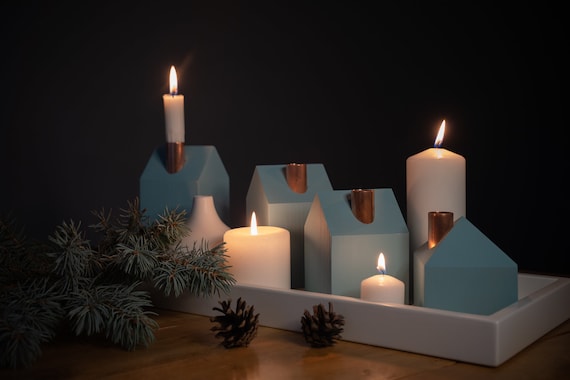 Centrotavola Avvento Moderno In Legno E Metallo - Porta Tealight Rettangolare 26x12.2x8.2 Cm, Decorazione Natalizia