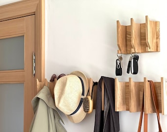 Wooden  coat & hat rack Modern key holder Scandinavian design wall hooks Stylish oak wood rack Wall key hanger, Hooks for Wall