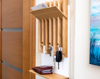 Modern Oak Entryway Key Holder: Wall Organizer with Shelf