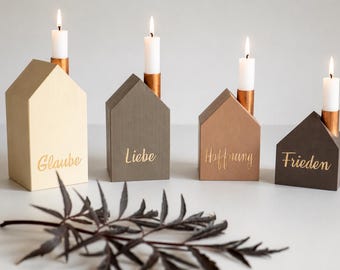 Holz Adventskranz: Skandinavisches Kerzenhalter Set  Frieden, Freude, Liebe, Hoffnung