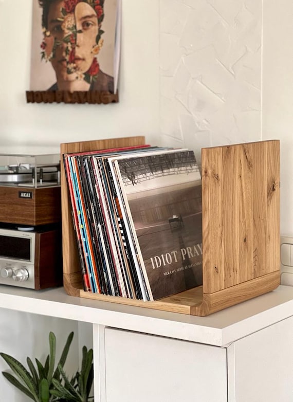 Modern Oak Wood Vinyl Record Holder: LP Record Storage