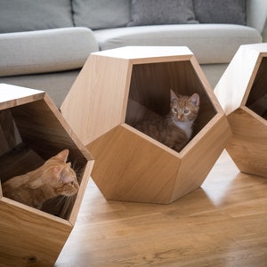 Lit de chat moderne en mdf plaqué chêne Cave à chat premium Lit de chat design Meubles en bois pour animaux de compagnie Table d'appoint géométrique image 9