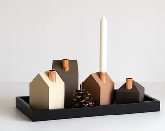 Modern Advent wreath Wooden Advent candle holders house set of 4 + additional option black wooden advent candle tray.