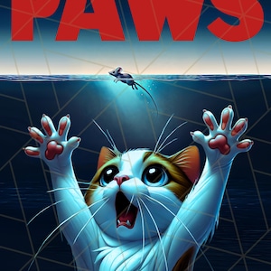 May include: Illustration of a cat with wide blue eyes and an open mouth, reaching up towards a mouse in the water. The word "PAWS" is in large red letters above the cat.