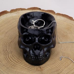 Black skull ring dish Halloween birthday gothic engagement ring box Skeleton jewelry dish Goth gift for her Black wedding Gothic decor