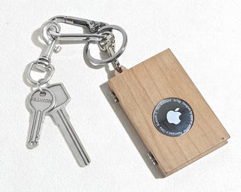 Custom Handcrafted Wooden Airtag Holder,Keychain Holder For AirTag, Engraved AirTag Case,Genuine Leather Apple Airtag, Anniversary Gift