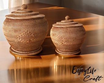 Rattan Weave Round Storage Basket With Lid,Tea Cake Storage Pot,Handcrafted Desktop Storage Box Basket,House Decors,Send Gifts