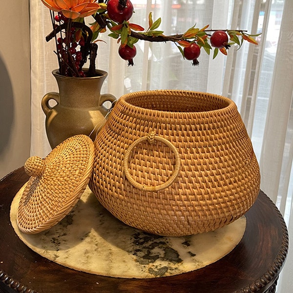 Panier De Rangement Rond En Rotin Tissé Avec Couvercle Et Poignée, Panier De Boîte De Rangement De Thé De Noix De Fruits De Bureau Fabriqué À La Main, Décoration De La Maison, Cadeau Naturel