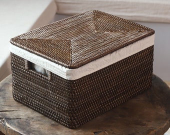 Rattan weave square storage basket,Rattan storage basket with handle,Clothes and toys storage basket,Livingroom decoration,Gifts for her