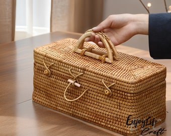 Rattan Woven Square Storage Basket With Lid And Handle,Rattan Multi compartment storage basket,Personalized Natural Handmade basket