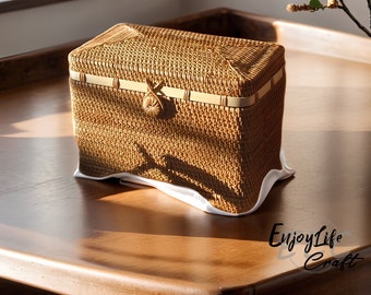 Square Rattan Woven Storage Basket With Lid,Rattan Storage Box,Picnic Storage Basket,Personalized Natural Gift Box