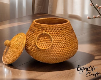 Rattan Weave Round Storage Basket With Lid And Handle,Handcrafted Desktop Fruits Nut Tea Storage Box Basket,House Decoration,Natural Gift