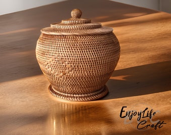Rattan Weave Round Storage Basket With Lid,Tea Cake Storage Pot,Handcrafted Desktop Storage Box Basket,House Decors