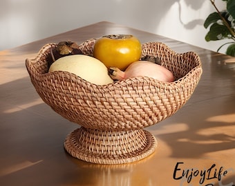Rattan Woven Fruit Basket,Handcrafted Desktop Fruit Bread Nuts Candies Tray, Serving Tray Basket