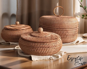 Rattan Weave Round Storage Basket With Lid,Handcrafted Desktop Storage Box Basket,House Decoration
