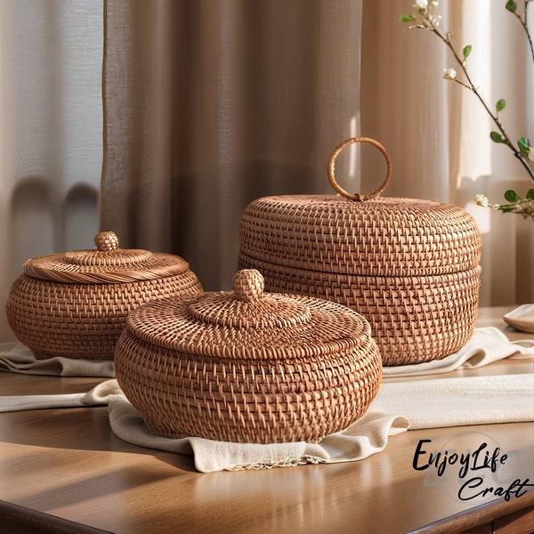 Rattan Weave Round Storage Basket With Lid,Handcrafted Desktop Storage Box Basket,House Decoration