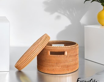 Round Rattan Woven Storage Basket With Lid,Rattan Storage Box,Toy Storage Basket,Living room Storage Basket,Personalized Natural Gift Box