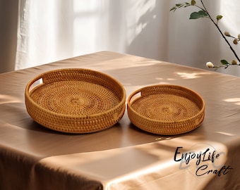 Rattan Desktop Storage Basket,Round Natural Woven tray,Housewarming Gifts