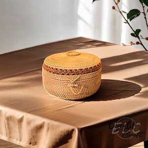 Rattan Weave Round Storage Basket With Lid,Handcrafted Desktop Storage Box Basket,Tea Basket And Snack Basket,House Decoration