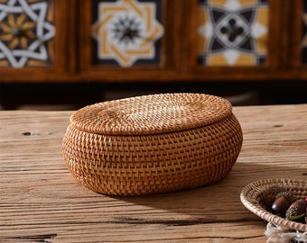 Rattan Woven Round Storage Basket With Cover,Rattan Jewellery Box,Rattan Fruits Box,Rattan Nuts Box,Personalized Natural Gift Box