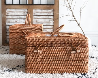 Rattan Woven Square Storage Basket With Cover,Rattan Storage Box,Personalized Natural Handmade basket,Housewarming Gift