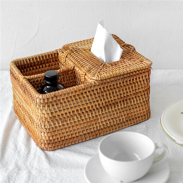 Rattan Woven Square Box, Panier de rangement de tissu de rotin, panier naturel personnalisé fait main, cadeau de crémaillère