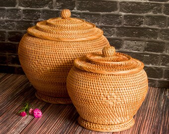 Rattan Weave Round Storage Basket With Lid,Tea Cake Storage Pot,Handcrafted Desktop Storage Box Basket,House Decors,Send Gifts