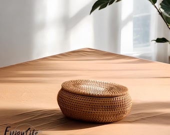 Rattan Woven Round Storage Basket With Cover,Rattan Jewellery Box,Rattan Fruits Box,Rattan Nuts Box,Personalized Natural Gift Box