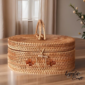 Runder Rattan gewebter Aufbewahrungskorb mit Deckel, Rattan Aufbewahrungsbox, Picknick-Aufbewahrungskorb, personalisierte natürliche Geschenkbox