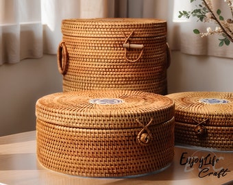 Rattan Weave Round Storage Basket With Lid,Handcrafted Desktop Storage Box Basket,House Decors