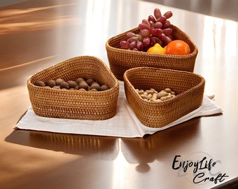 Rattan Woven Triangle Storage Basket,Handcrafted Desktop Fruit Bread Nuts Candies Storage Box Basket,Housewarming Presents