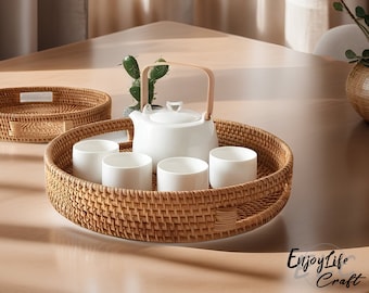 Rattan weave Tray,Round Rattan Tray,Personalized Natural Handmade Basket,Housewarming Gift