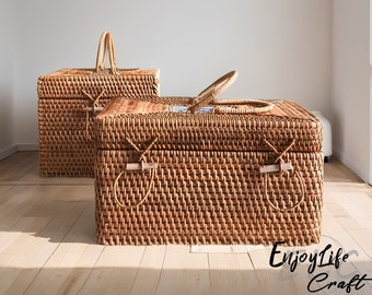 Rattan Woven Square Storage Basket With Lid,Rattan Storage Box,Personalized Natural Handmade basket,Housewarming Gift