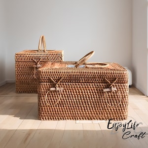 Cesta de almacenamiento cuadrada tejida de ratán con tapa, caja de almacenamiento de ratán, cesta natural personalizada hecha a mano, regalo de inauguración de la casa