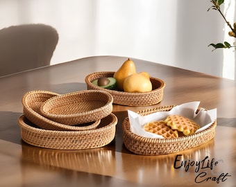 Rattan Woven Oval Storage Basket,Handcrafted Desktop Fruit Bread Nuts Candies Storage Box Basket,Housewarming Presents