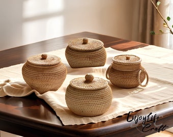 Rattan Weave Round Storage Basket With Lid,Handcrafted Desktop Fruits Nut Tea Storage Box Basket,House Decoration
