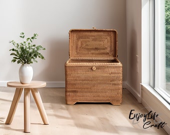 Square Rattan Woven Storage Basket With Lid,Rattan 17 inches Big Storage Box,Picnic Storage Basket,Personalized Natural Gift Box