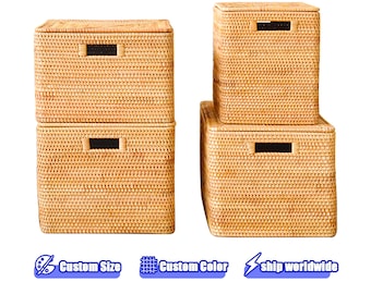 Rattan weave square storage basket,Rattan storage basket with lid,Clothes and toys storage basket,Mudroom storage basket